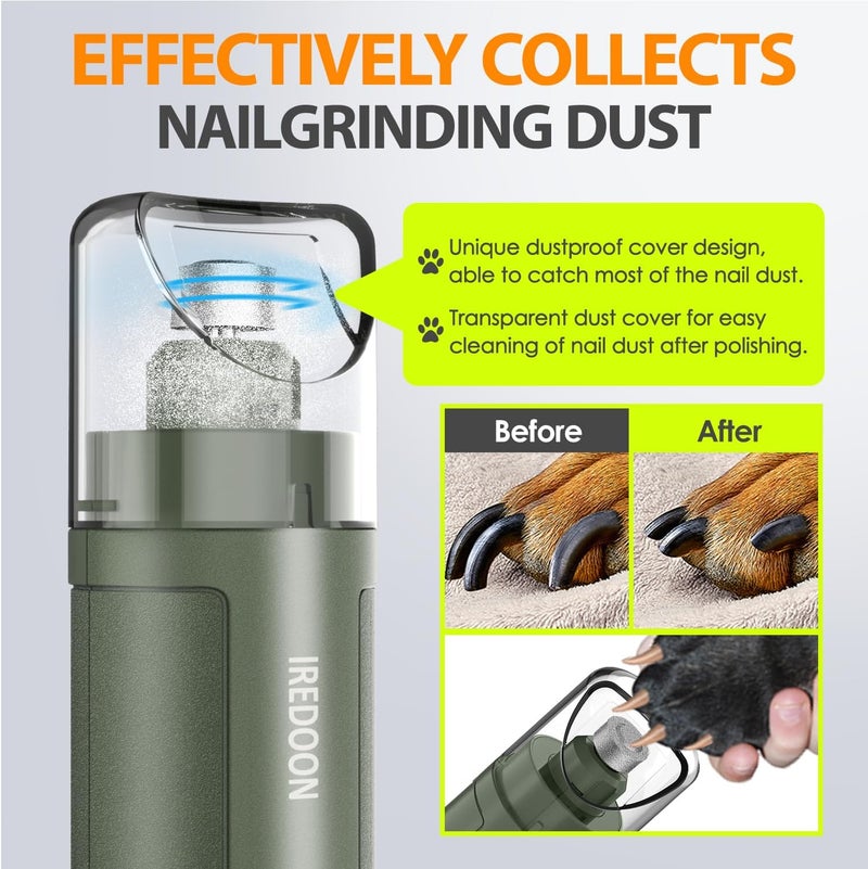 IREDOON Dog Nail Grinder Upgraded - Professional 3-Speed Super Quiet and Low Vibration Electric Pet Nail Grinder with 4 LED Lights - Painless Paws Grooming & Smoothing for Small to Large Dogs (Green) - Image 3